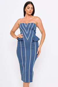 Strapless Denim Chevron Pipe Detail Peplum Midi Dress