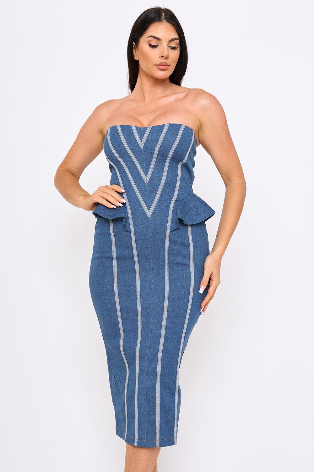 Strapless Denim Chevron Pipe Detail Peplum Midi Dress