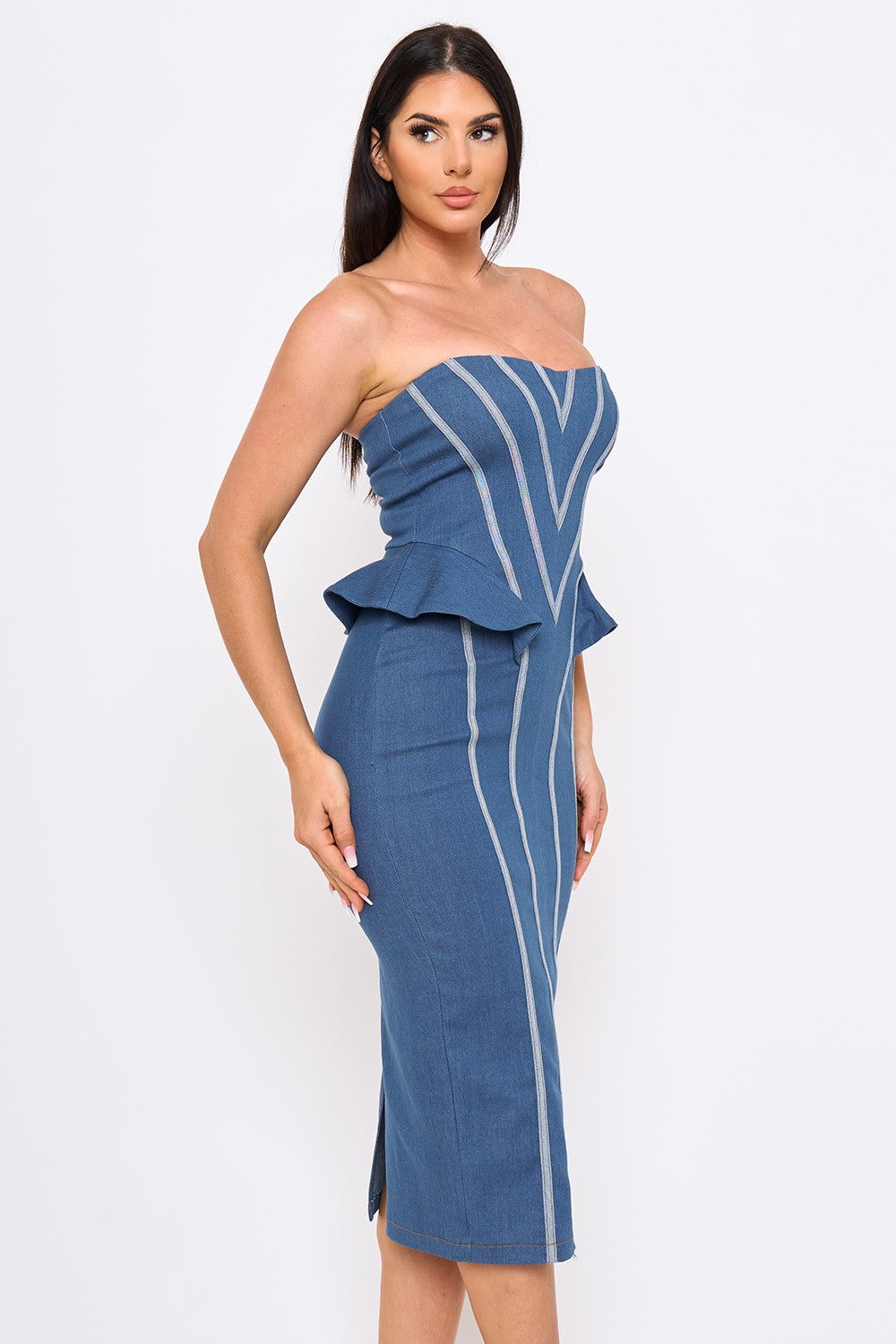 Strapless Denim Chevron Pipe Detail Peplum Midi Dress