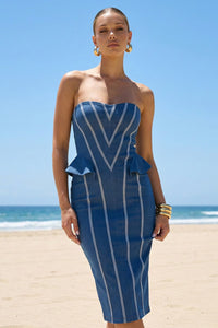 Strapless Denim Chevron Pipe Detail Peplum Midi Dress