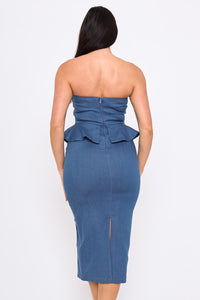 Strapless Denim Chevron Pipe Detail Peplum Midi Dress