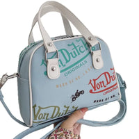 Light Blue Vintage Print Mini Satchel with Top Handle and Crossbody Strap
