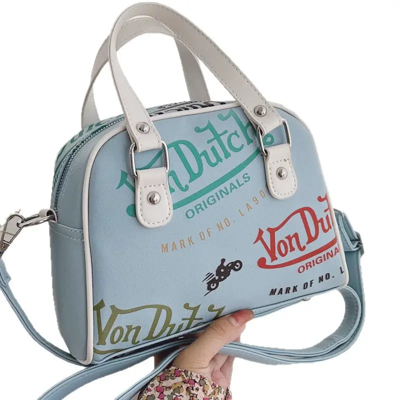 Light Blue Vintage Print Mini Satchel with Top Handle and Crossbody Strap