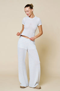 Blue and White Textured Stripe Wide Leg Lounge Pants
