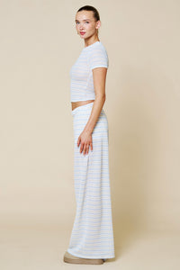 Blue and White Textured Stripe Wide Leg Lounge Pants