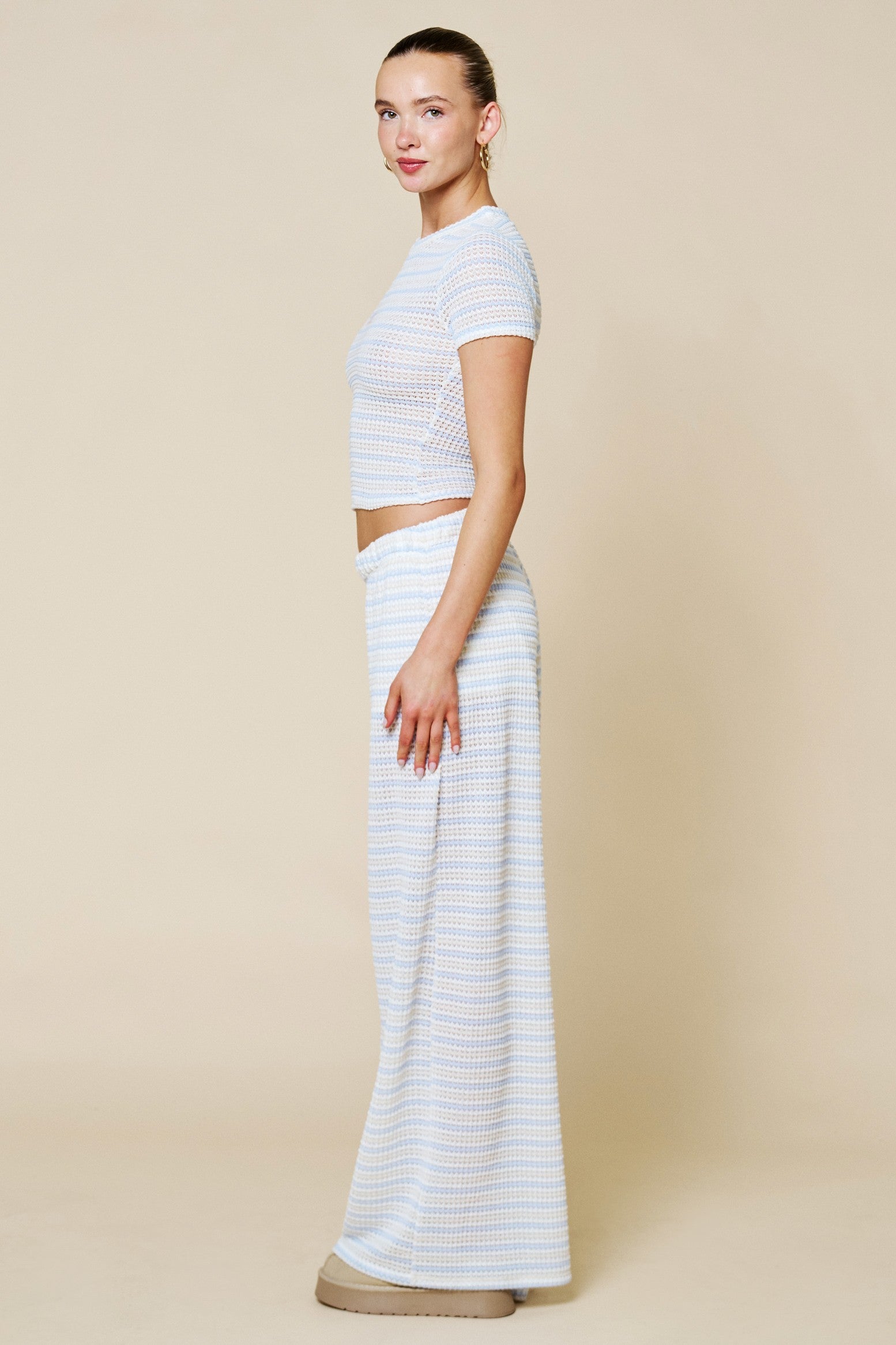 Blue and White Textured Stripe Wide Leg Lounge Pants
