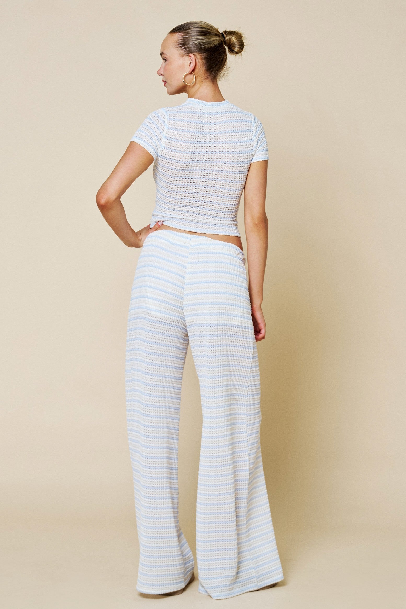 Blue and White Textured Stripe Wide Leg Lounge Pants