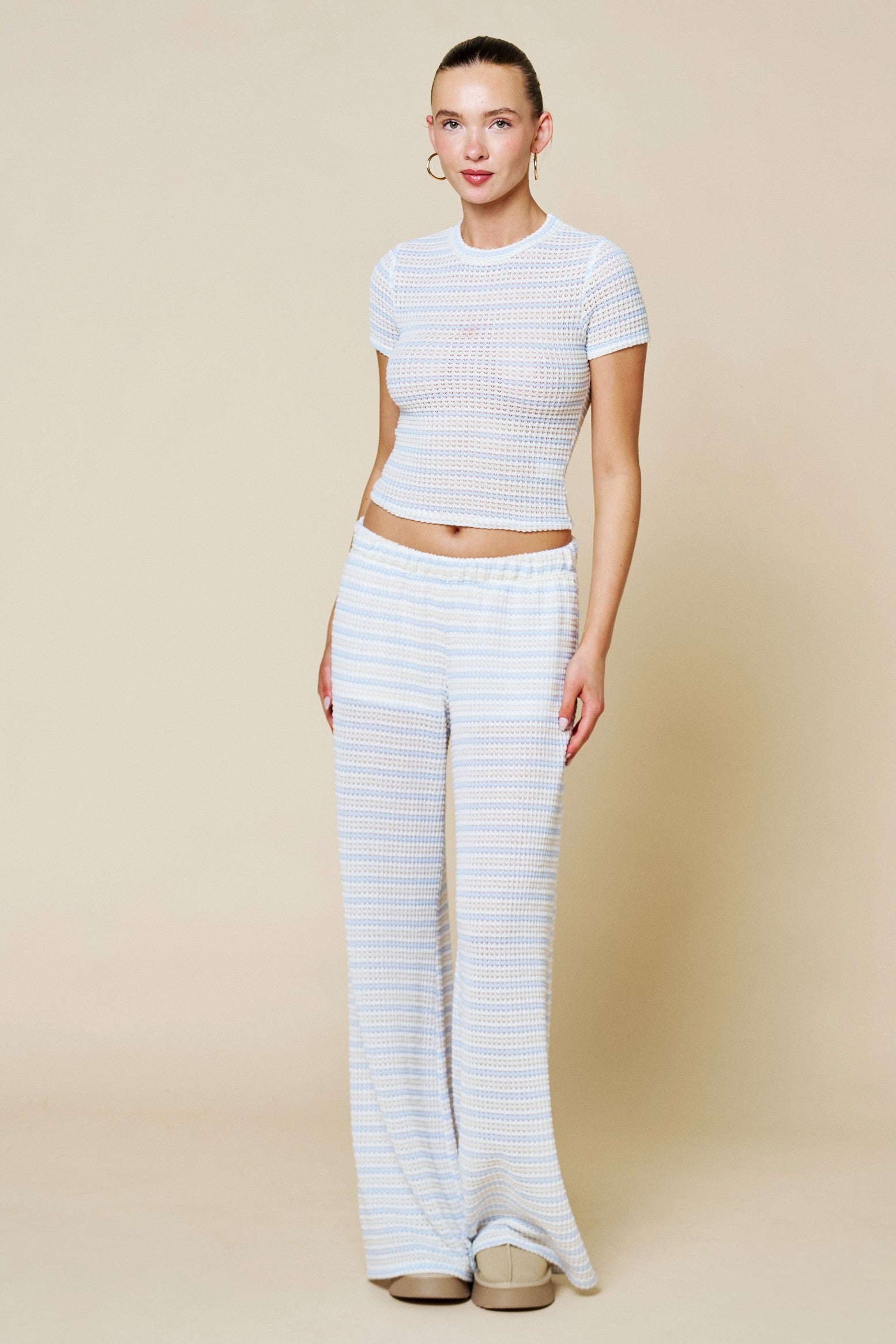 Blue and White Textured Stripe Wide Leg Lounge Pants
