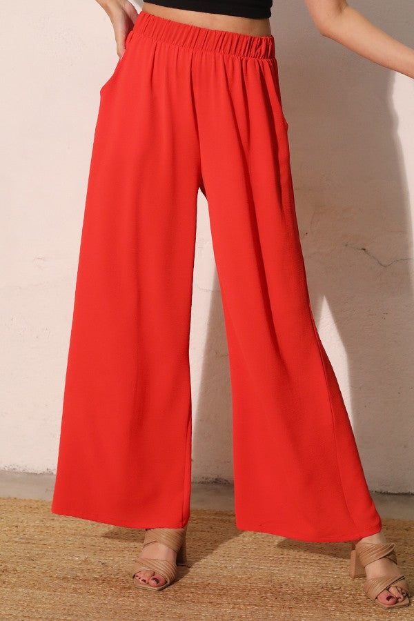 High-Waisted Wide Leg Flowy Pants with Elastic Waist in Red