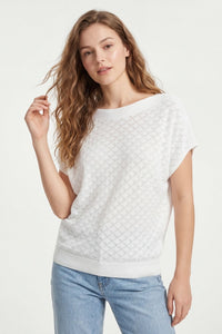 White Diamond Textured Knit Short Sleeve Sweater Top