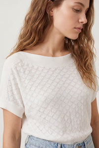 White Diamond Textured Knit Short Sleeve Sweater Top