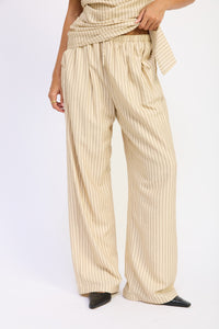 Nude Linen Pinstripe Wide Leg Drawstring Pants