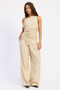 Nude Linen Pinstripe Wide Leg Drawstring Pants