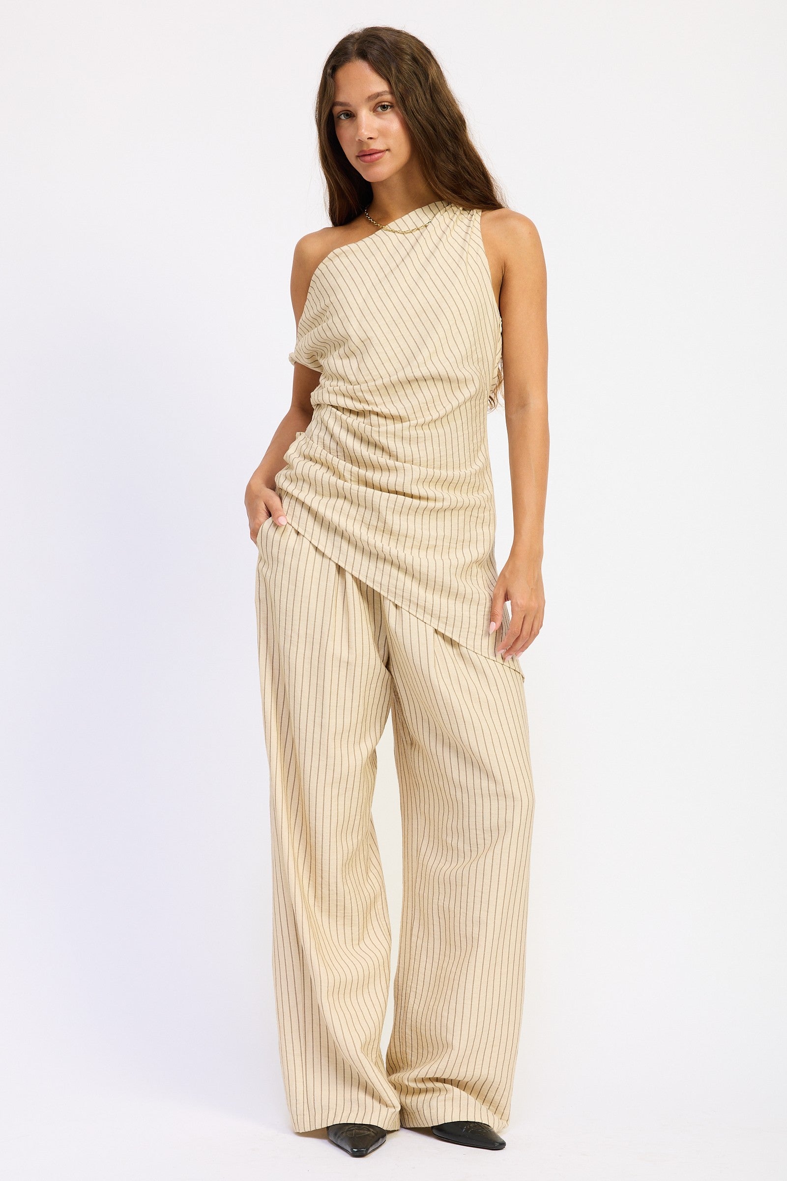 Nude Linen Pinstripe Wide Leg Drawstring Pants