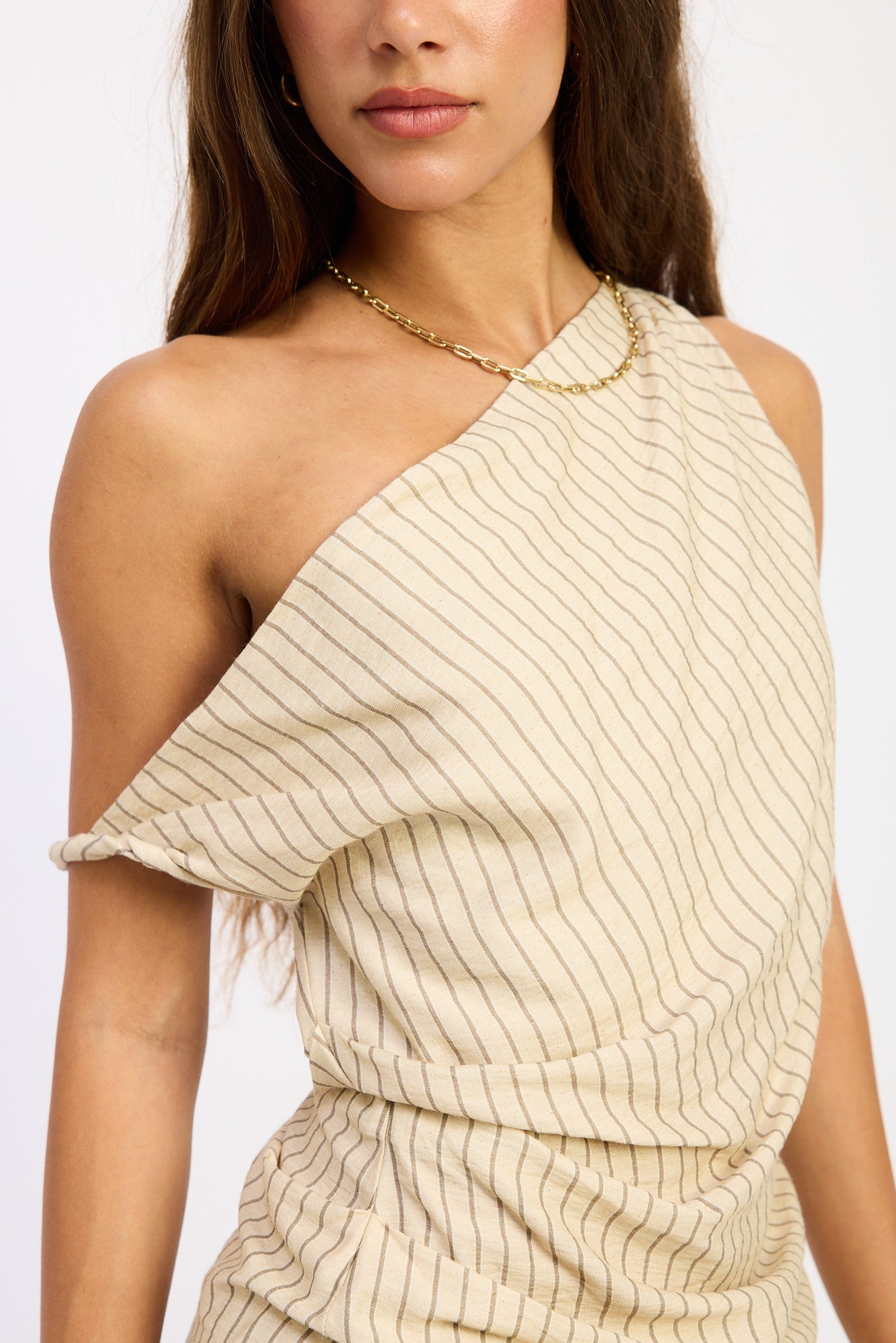 Nude Striped One-Shoulder Asymmetrical Tunic Top