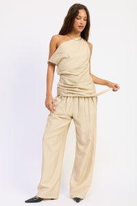 Nude Striped One-Shoulder Asymmetrical Tunic Top