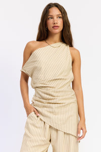 Nude Striped One-Shoulder Asymmetrical Tunic Top