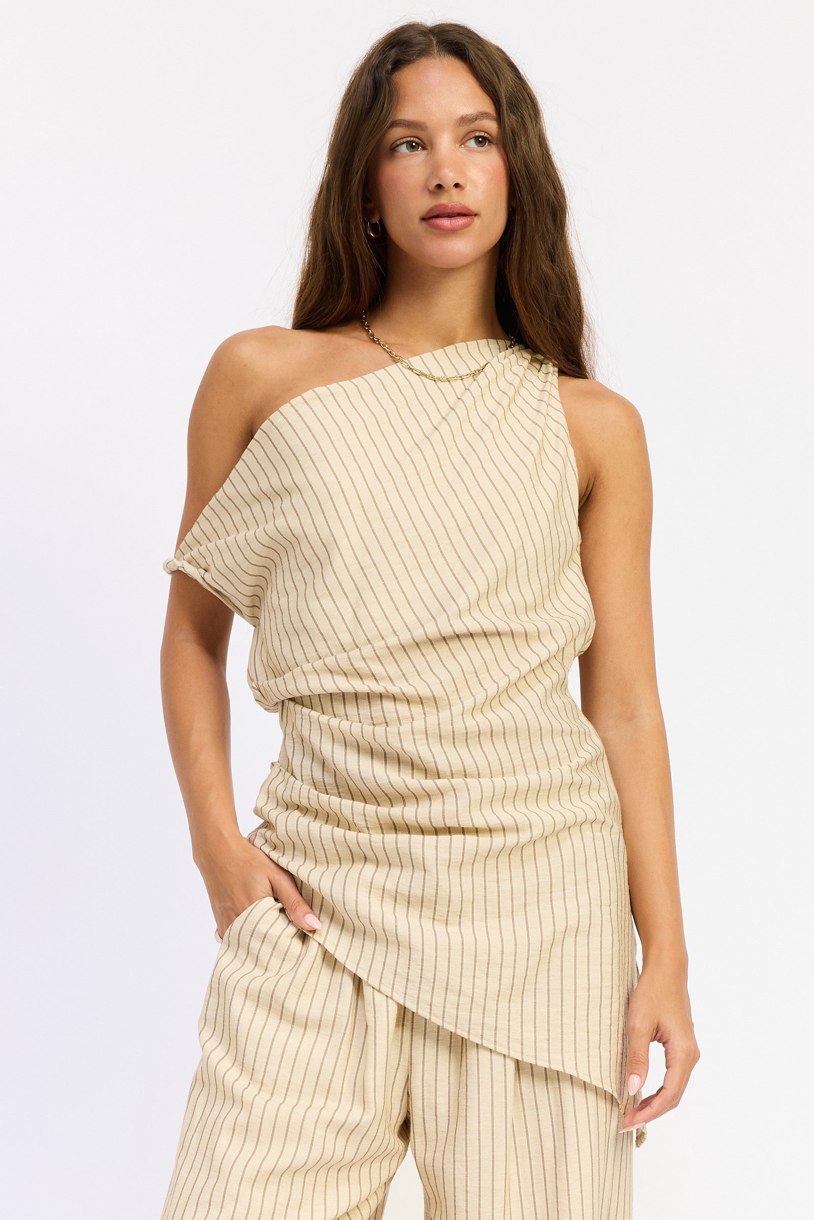 Nude Striped One-Shoulder Asymmetrical Tunic Top