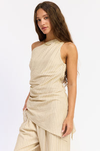 Nude Linen Pinstripe Wide Leg Drawstring Pants