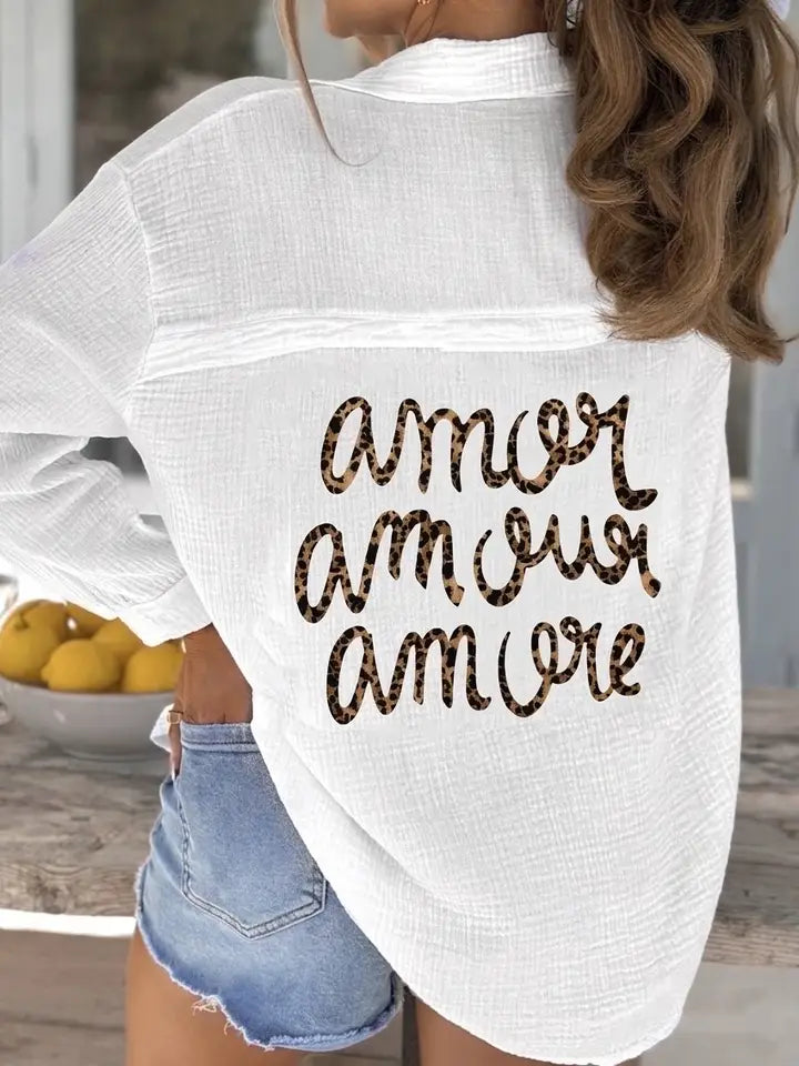 White Amore Amour Amore Graphic Button-Down Cover-Up Shirt