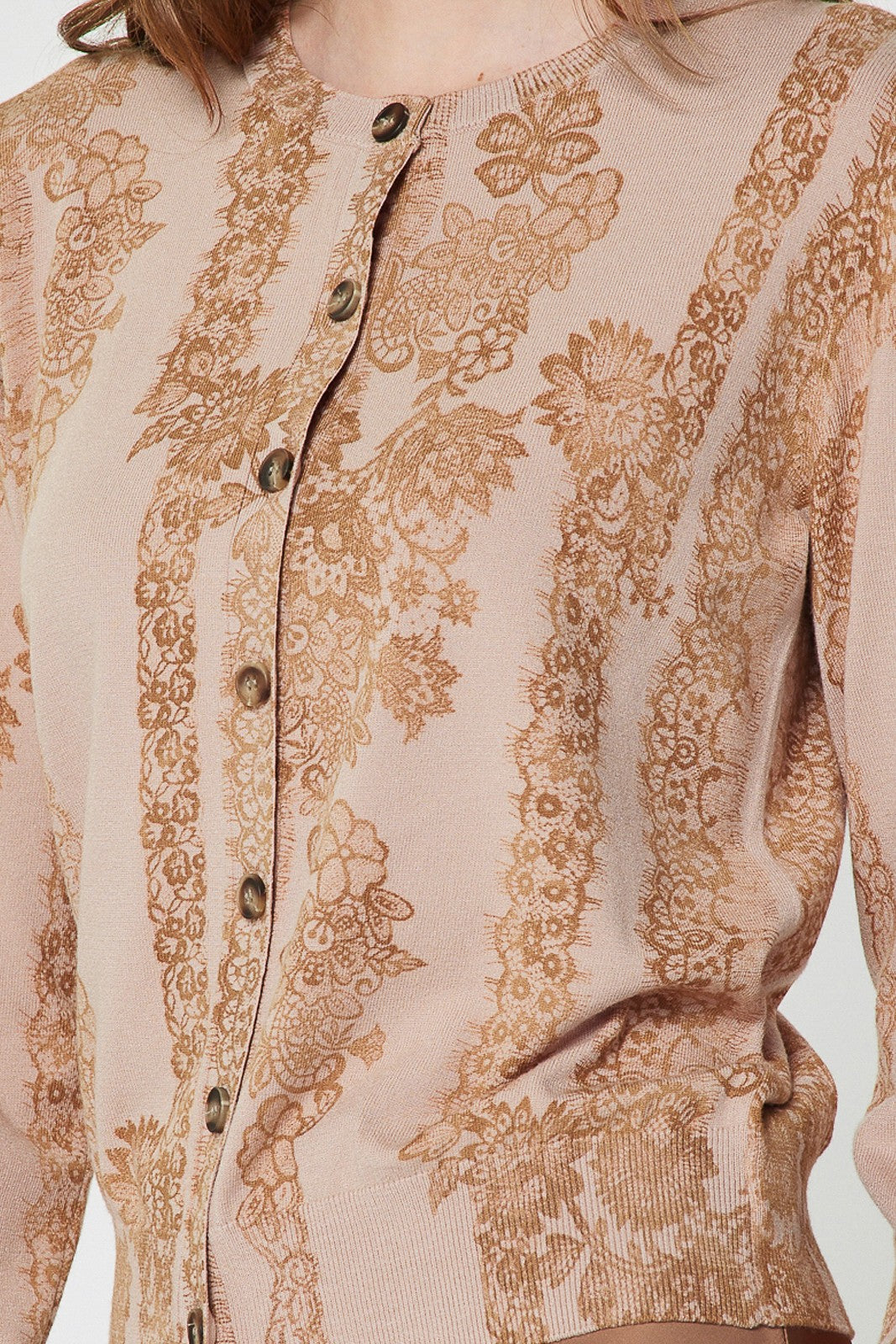 Nude Floral Lace Knit Button Front Cardigan Sweater