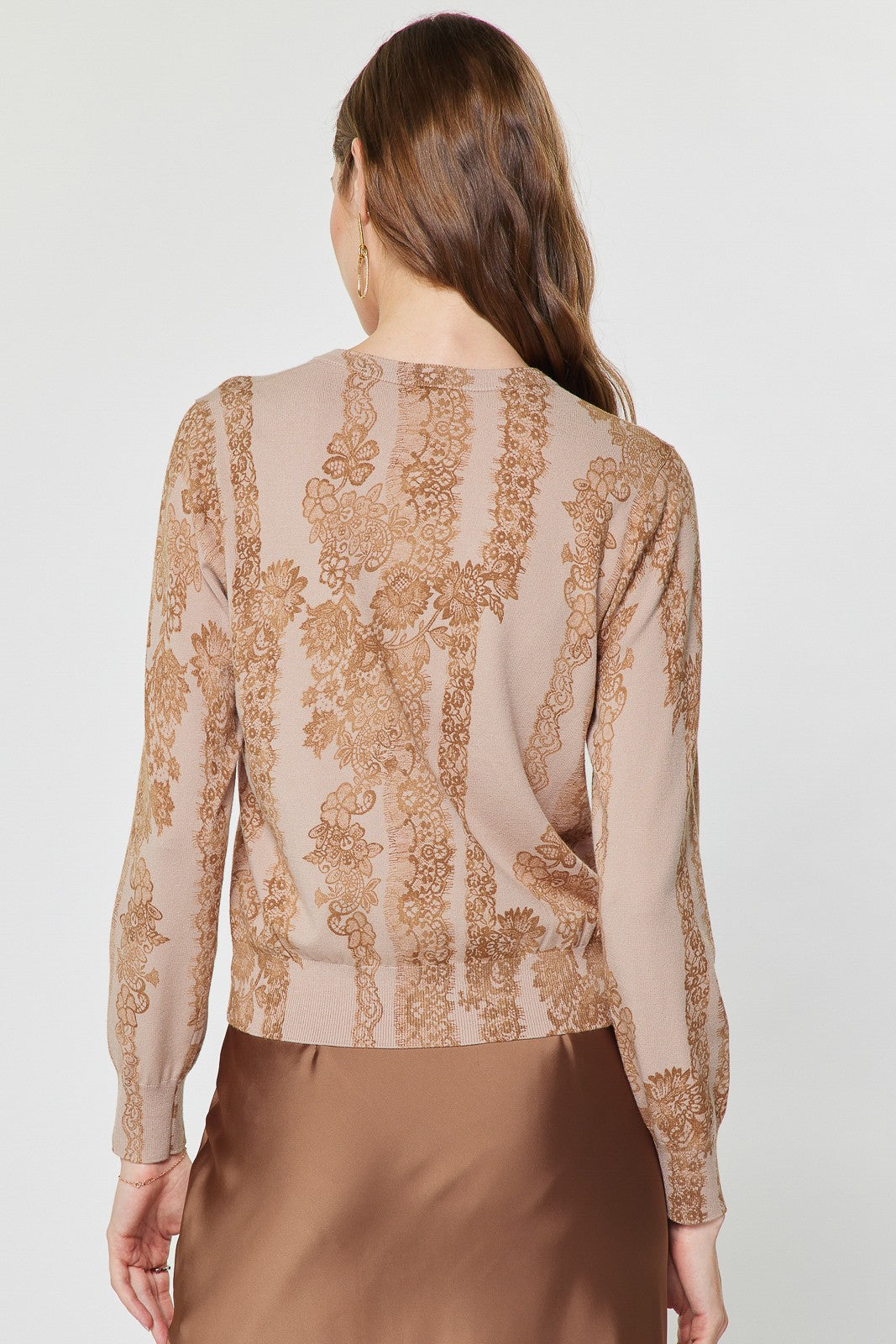 Nude Floral Lace Knit Button Front Cardigan Sweater