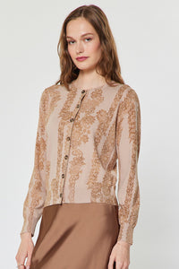 Nude Floral Lace Knit Button Front Cardigan Sweater