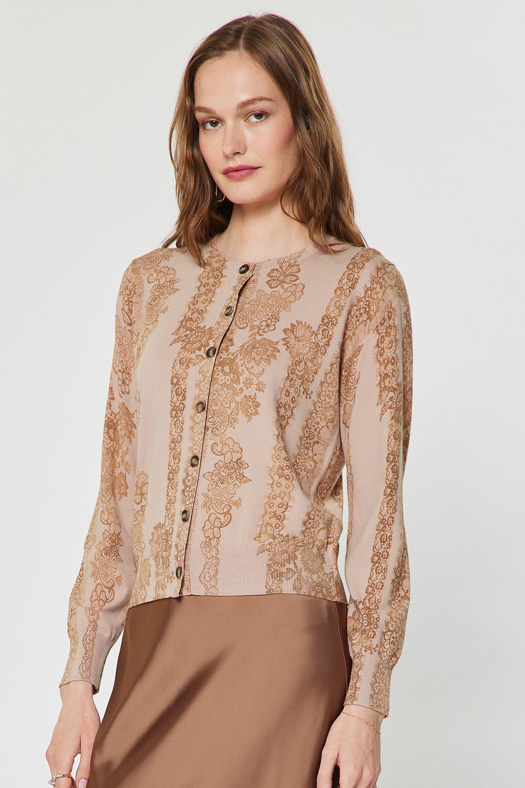 Nude Floral Lace Knit Button Front Cardigan Sweater