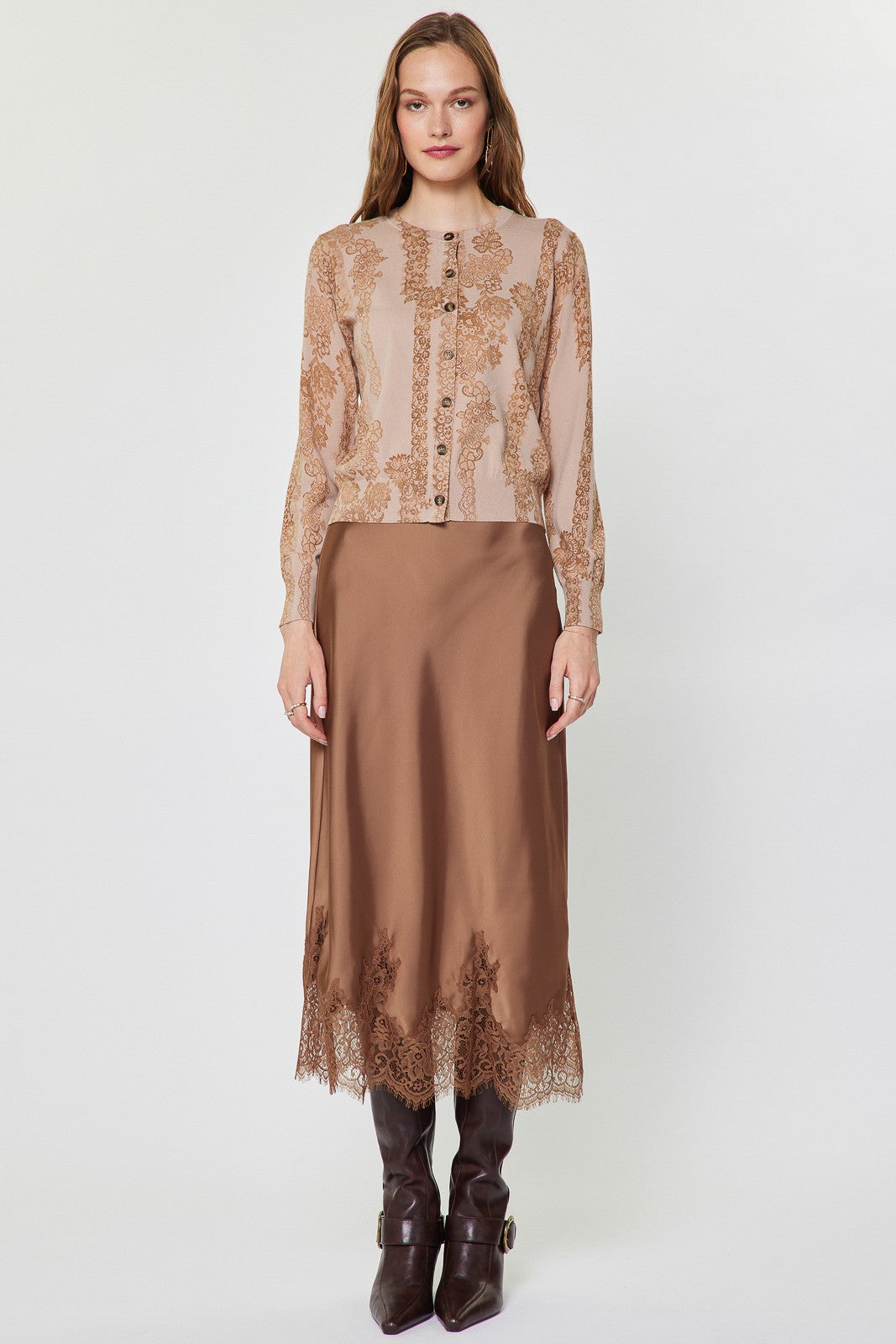 Nude Floral Lace Knit Button Front Cardigan Sweater