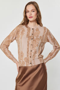 Nude Floral Lace Knit Button Front Cardigan Sweater