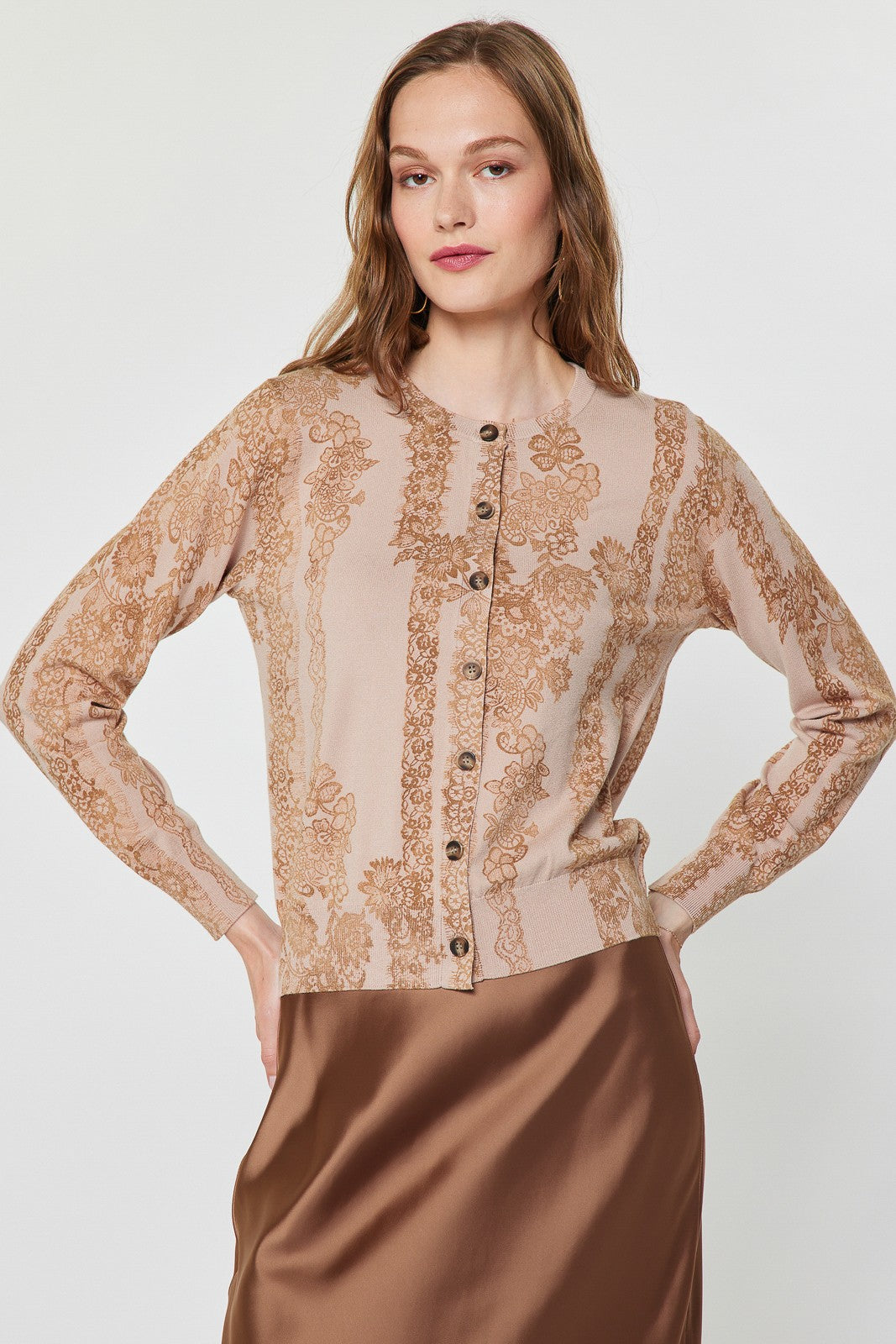 Nude Floral Lace Knit Button Front Cardigan Sweater