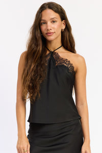 Black Lace Trim Halter Satin Camisole Top