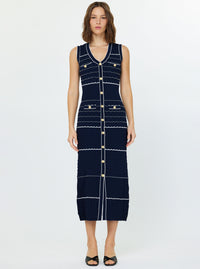 Navy Sleeveless Button Front Knit Midi Dress with Gold Buttons