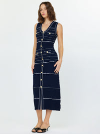Navy Sleeveless Button Front Knit Midi Dress with Gold Buttons