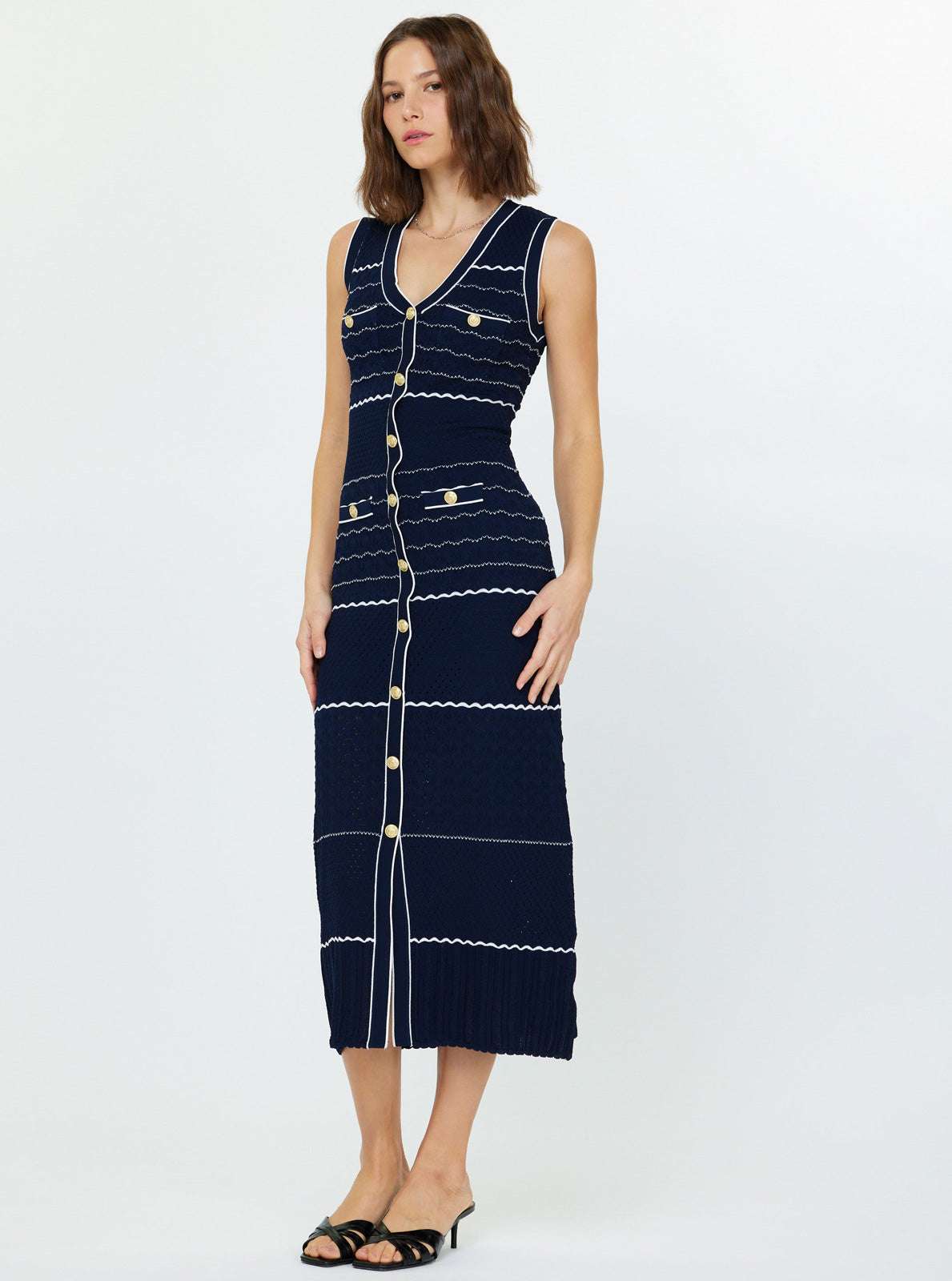 Navy Sleeveless Button Front Knit Midi Dress with Gold Buttons
