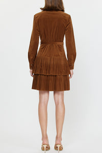 Tiered Pleated Mini Shirt Dress in Chestnut Brown