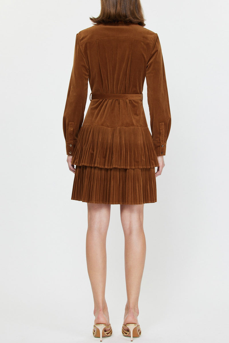 Tiered Pleated Mini Shirt Dress in Chestnut Brown
