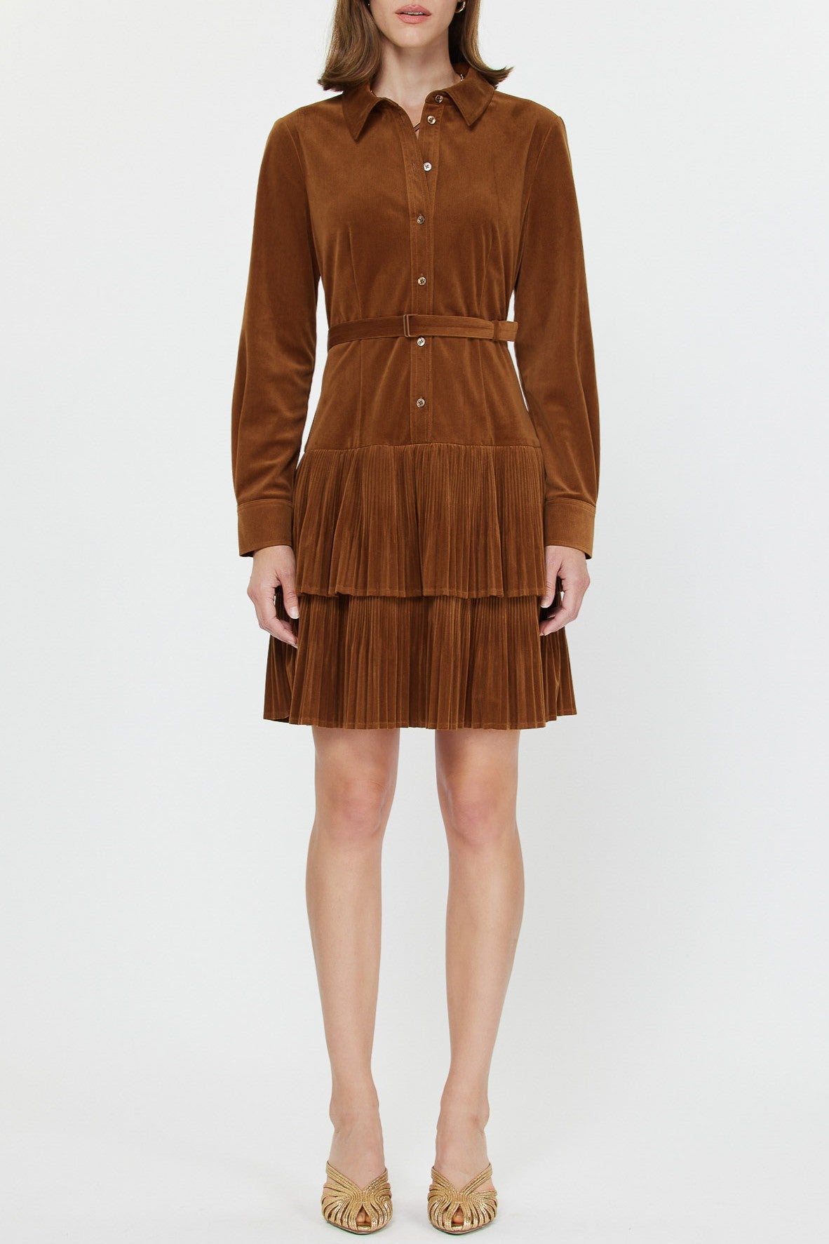 Tiered Pleated Mini Shirt Dress in Chestnut Brown L Tiered Pleated Mini Shirt Dress in Chestnut Brown L