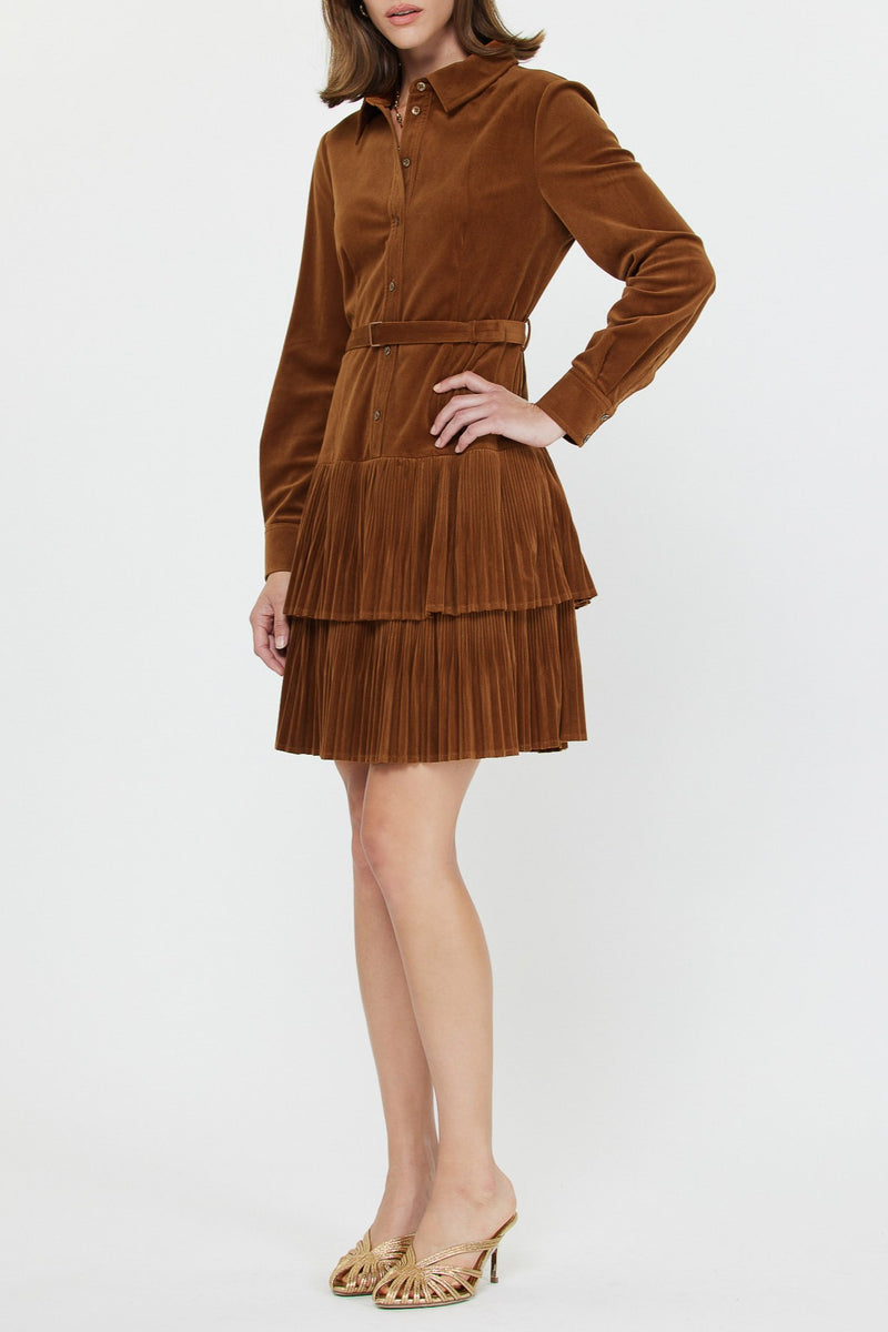 Tiered Pleated Mini Shirt Dress in Chestnut Brown