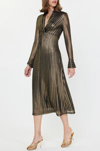 Metallic Striped Twist Front Midi Dress