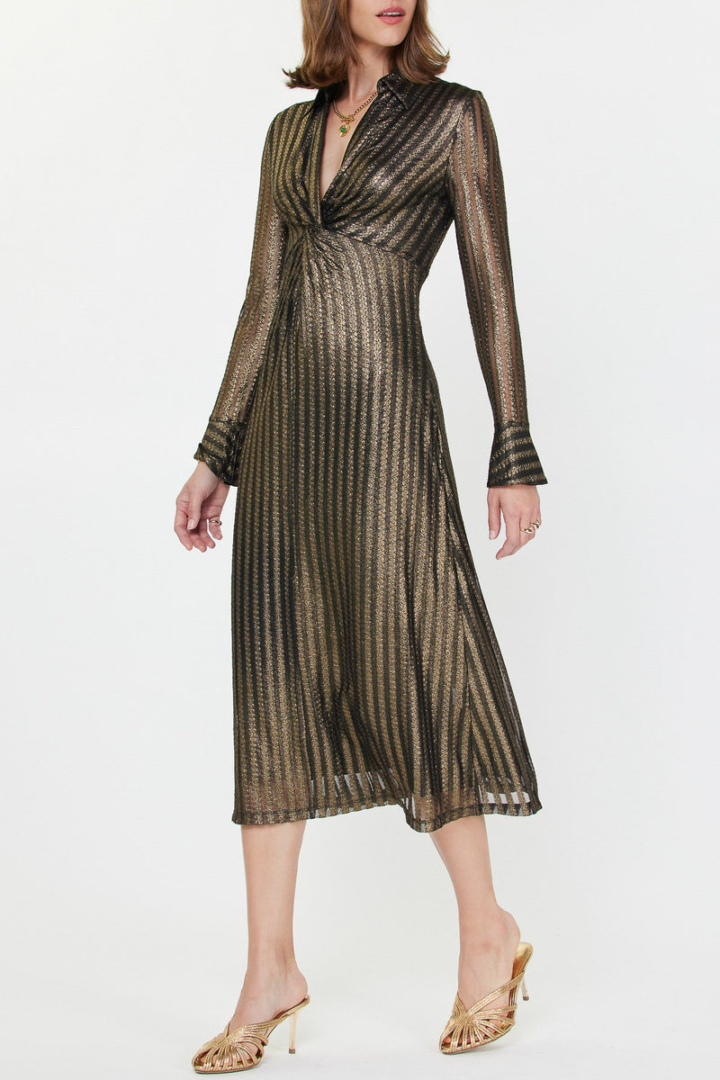 Metallic Striped Twist Front Midi Dress