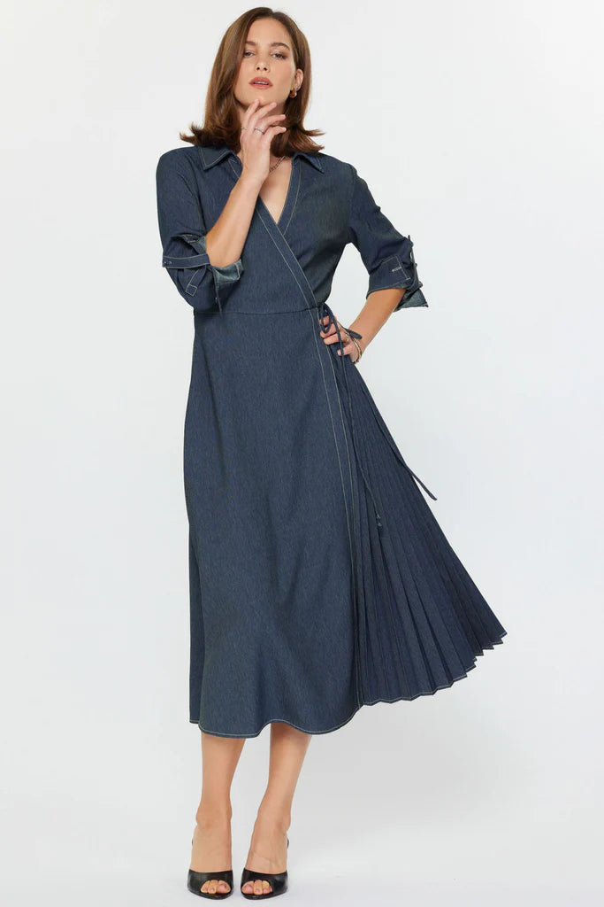 Denim Wrap Midi Dress with Pleated Side Panel