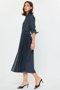 Denim Wrap Midi Dress with Pleated Side Panel