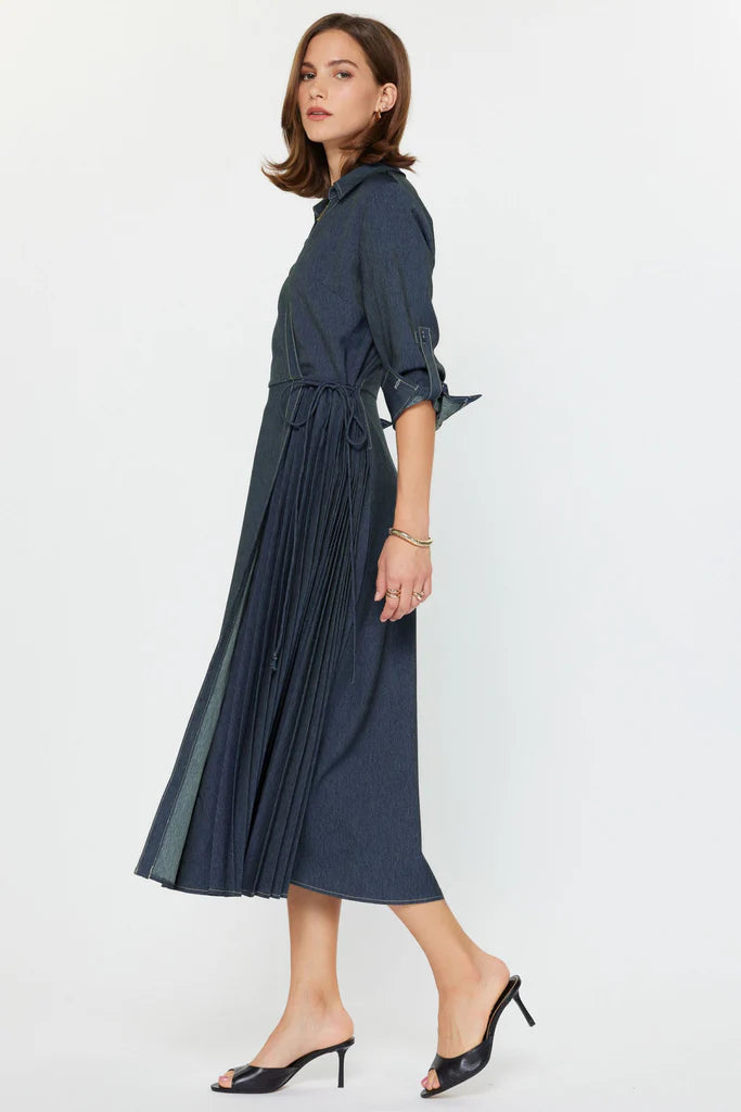 Denim Wrap Midi Dress with Pleated Side Panel