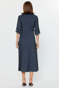 Denim Wrap Midi Dress with Pleated Side Panel
