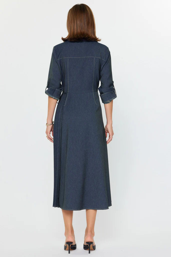 Denim Wrap Midi Dress with Pleated Side Panel
