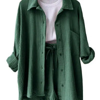 Relaxed Button-Up Shirt and Drawstring Shorts Two-Piece Set