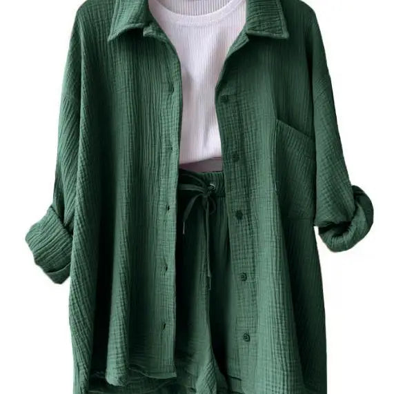 Dark Green Relaxed Button-Up Shirt and Drawstring Shorts Two-Piece Set
