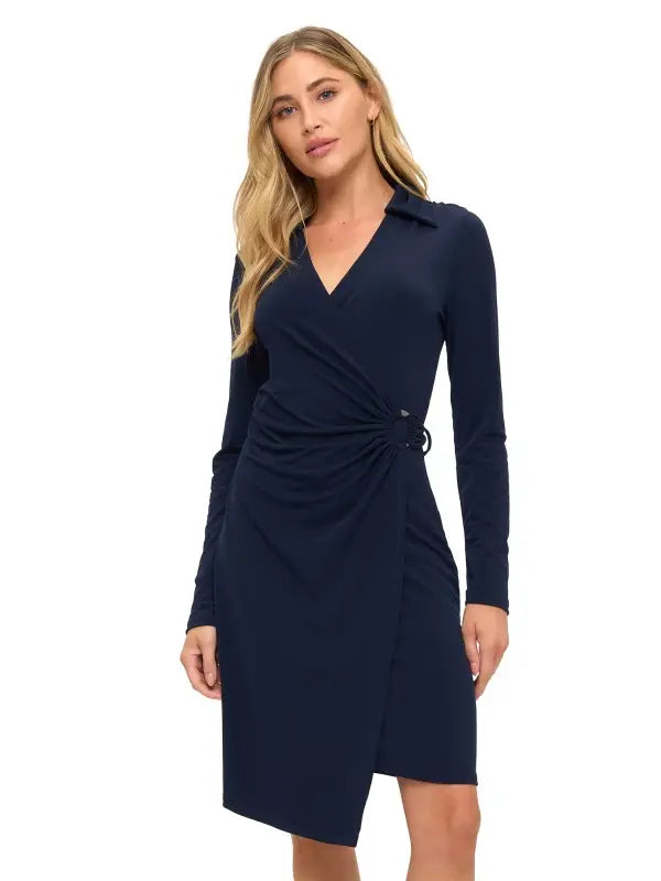 Navy Blue Long Sleeve Collared Wrap Dress with Side Tie Detail