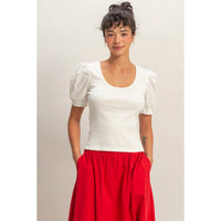 White Puff Sleeve Scoop Neck Fitted Top